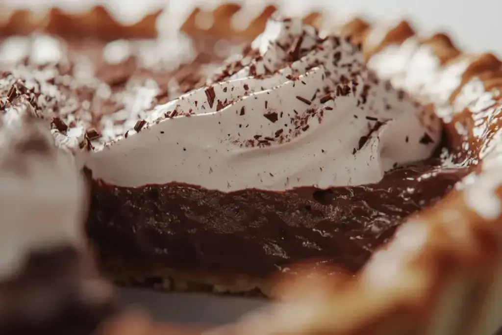 How to Make Cream Pie Recipe? Close-up of a rich and creamy chocolate cream pie topped with whipped cream and chocolate shavings – Cream Pie Recipe.