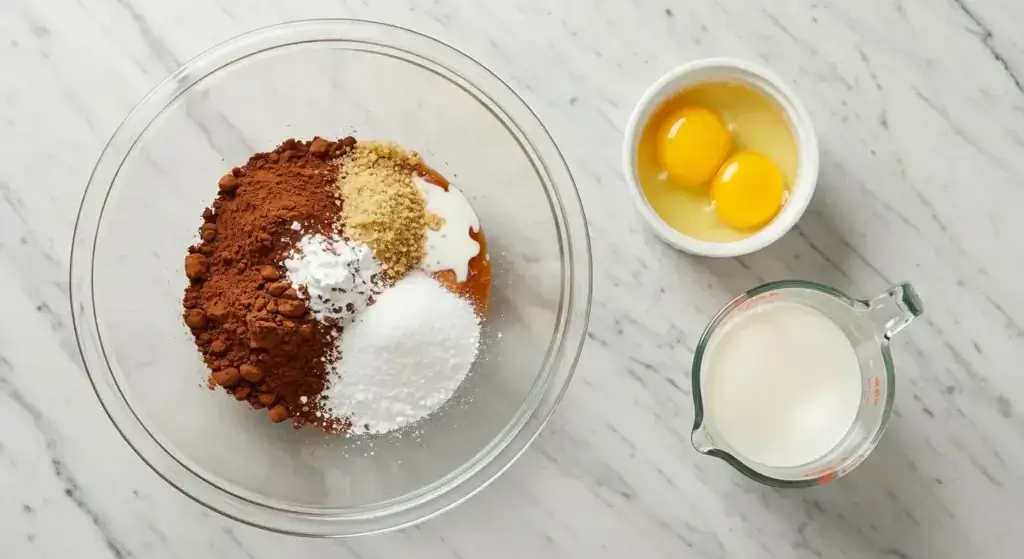 How to Make Cream Pie Recipe? Ingredients for Cream Pie Recipe – cocoa powder, sugar, brown sugar, eggs, milk, and cornstarch in glass bowls on a marble countertop