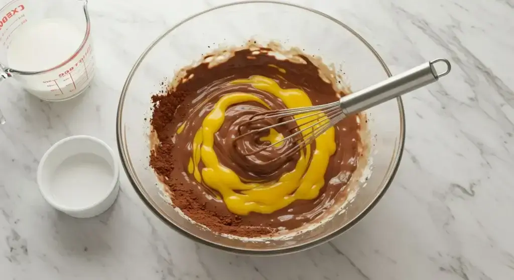 How to Make Cream Pie Recipe? Mixing chocolate filling for Cream Pie Recipe – whisking egg yolks into a rich cocoa mixture in a glass bowl