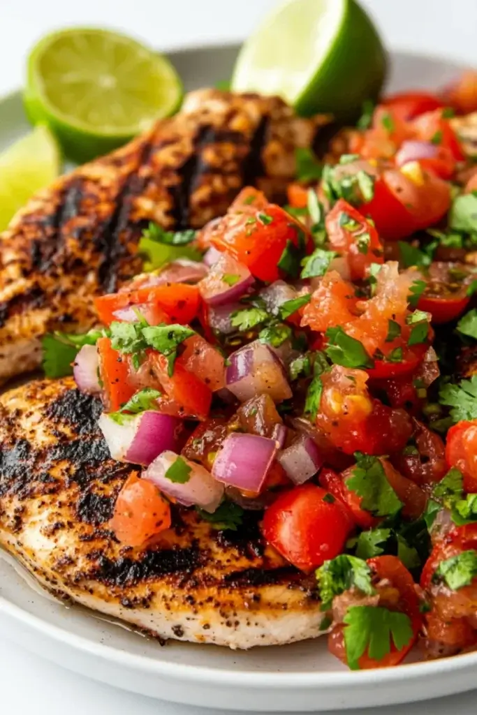 Top 7 Healthy Dinner Recipes Healthy Grilled Chicken with Fresh Salsa served on a white plate, garnished with lime wedges and cilantro, perfect for a nutritious dinner