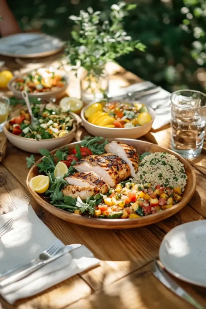 Top 7 Healthy Dinner Recipes A rustic table setting featuring grilled chicken with fresh salsa, quinoa, roasted vegetables, and green salad for a healthy dinner spread
