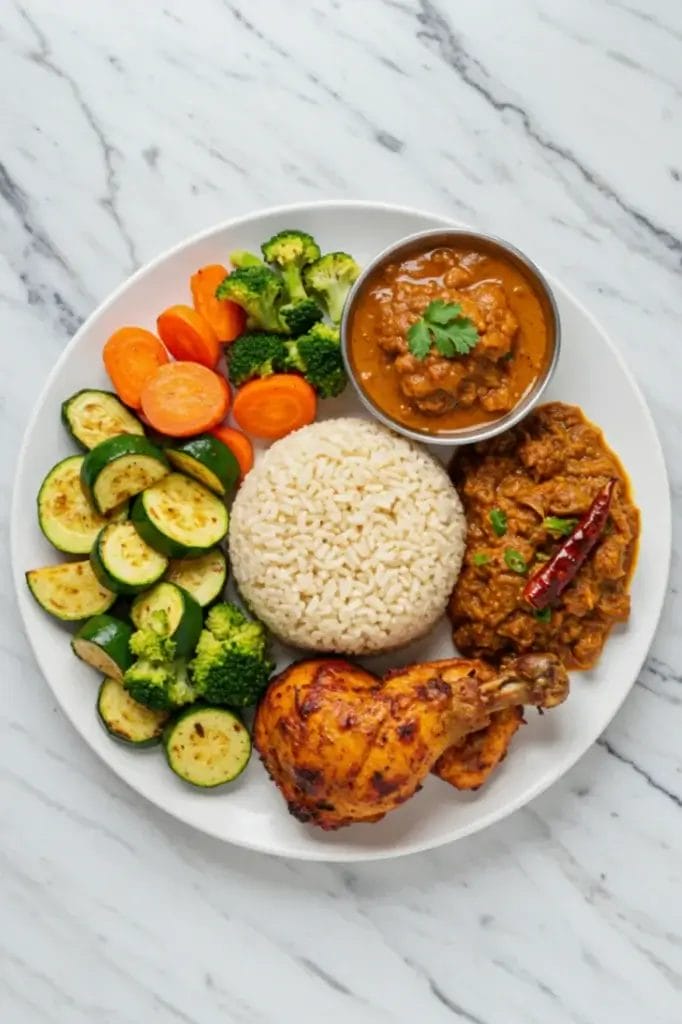 Brown Basmati Rice: 5 Ultimate Tips for Perfect Results A plate of brown basmati rice served with grilled chicken, sautéed zucchini, broccoli, carrots, and two types of curry garnished with cilantro and red chili.