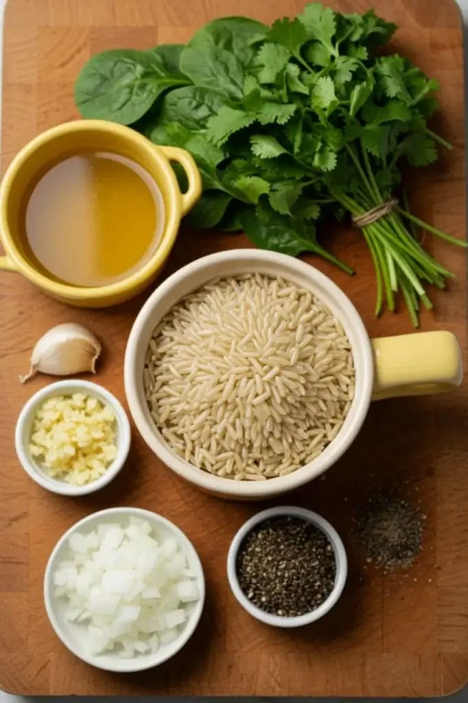 Brown Basmati Rice: 5 Ultimate Tips for Perfect Results Ingredients for a recipe including Brown Basmati Rice, broth, spinach, cilantro, garlic, onion, and spices, laid out on a wooden board