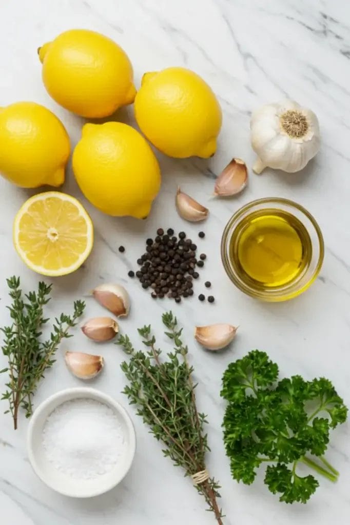 Fresh Ingredients for Lemon Pepper Chicken Marinade: Lemons, Black Pepper, Garlic, Olive Oil
