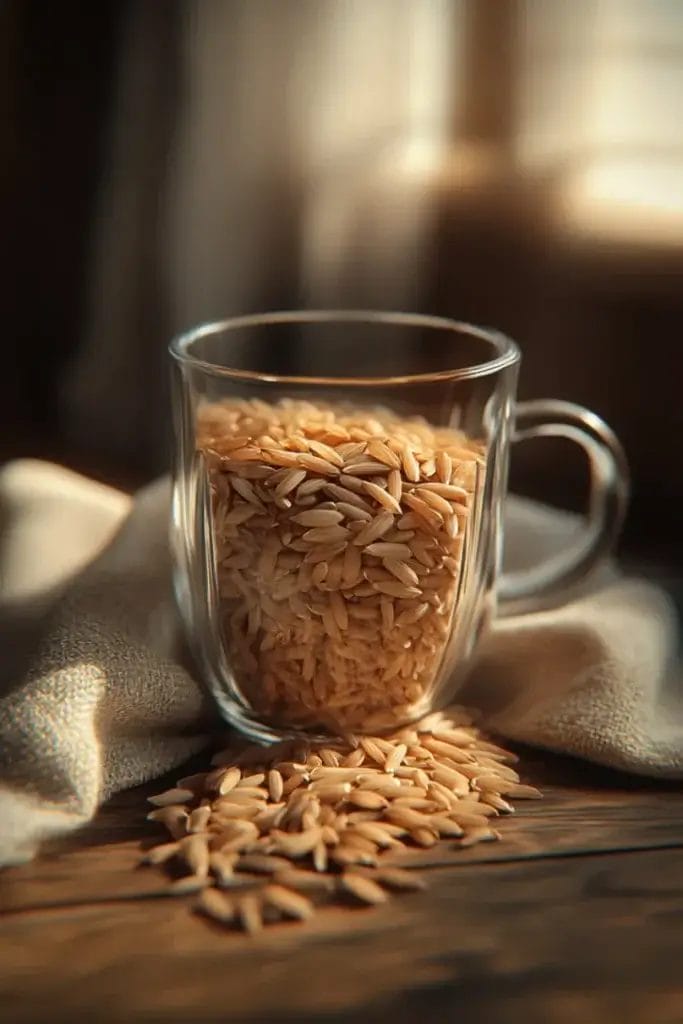 Close-up of uncooked Brown Basmati Rice in a glass mug on a wooden table.