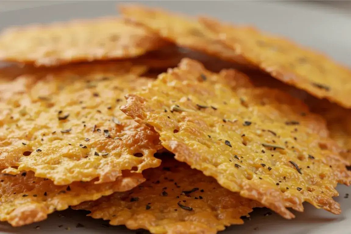 Crispy cottage cheese chips with black pepper and herbs, served on a plate.